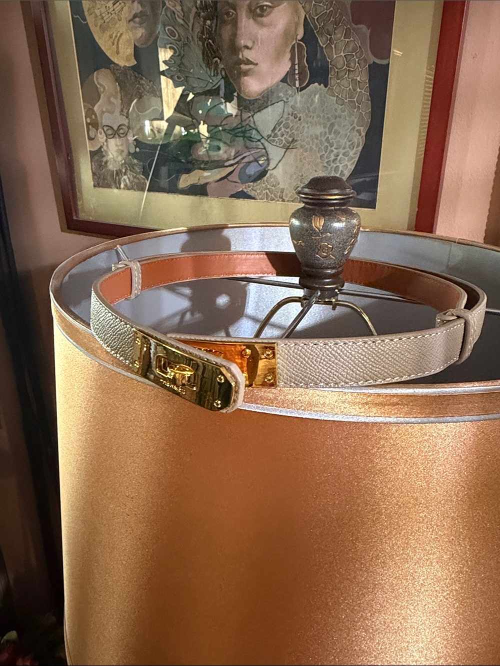 Taupe Textured Adjustable Leather Belt with Gold Hardware
